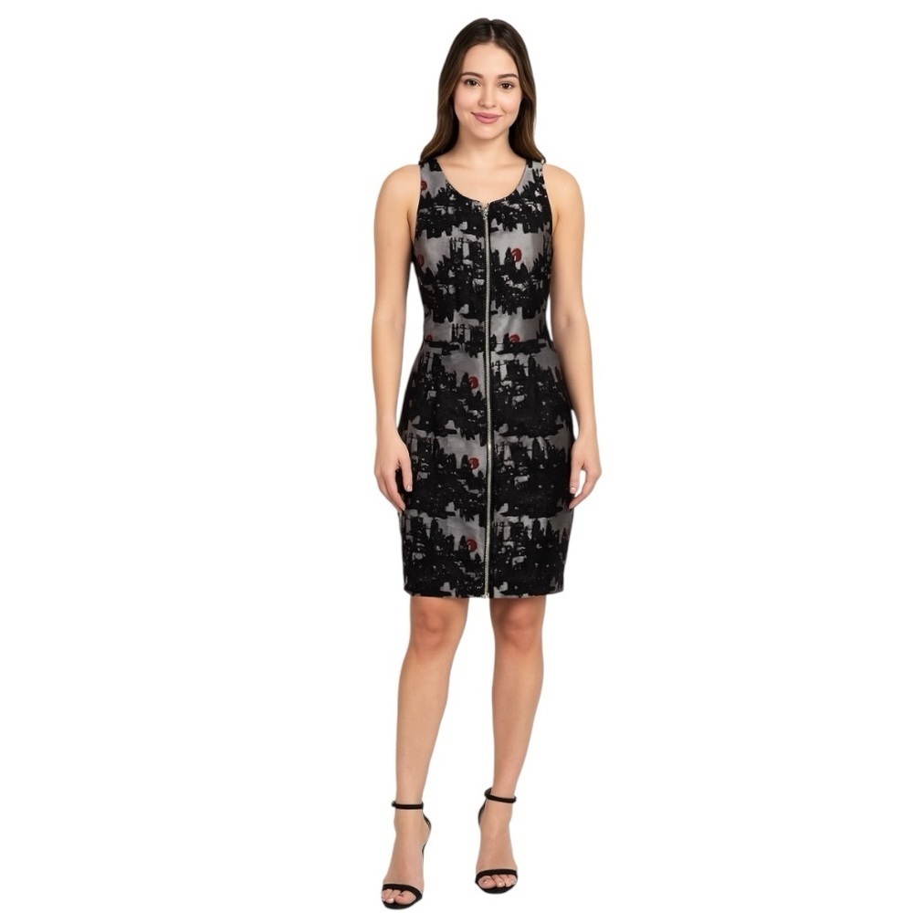 Michael Kors Preppy Black & Gray Abstract Cityscape Zip Front Designer Dress -14
